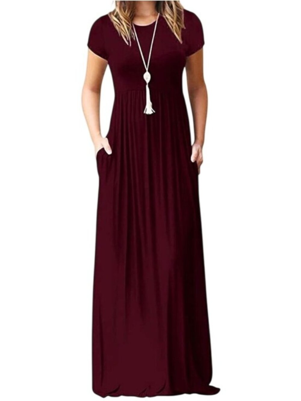 Dearcase Short Sleeve Maxi Dress Wine Red Small Stretch Flowy Pockets Women's